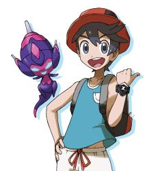 Rule 34 | 1boy, backpack, bag, bare shoulders, black eyes, black hair, blank eyes, blue eyes, blue shirt, bracelet, collarbone, creatures (company), drop shadow, elio (pokemon), game freak, gen 7 pokemon, glowing, glowing eyes, hand on own hip, hand up, happy, hat, jewelry, looking at viewer, male focus, matching hair/eyes, nintendo, open mouth, poipole, pokemon, pokemon (creature), pokemon usum, red headwear, shirt, short hair, shorts, simple background, sleeveless, sleeveless shirt, smile, standing, teeth, tellzeta, ultra beast, white background, white shorts, you (pokemon usum)