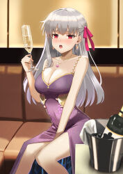 Rule 34 | 1girl, absurdres, alcohol, breasts, champagne, champagne bottle, champagne flute, cleavage, couch, cup, dress, drinking glass, earrings, fate/grand order, fate (series), grey hair, hair ribbon, highres, jewelry, kama (fate), large breasts, long hair, motukan, pendant, purple dress, red eyes, ribbon, sitting