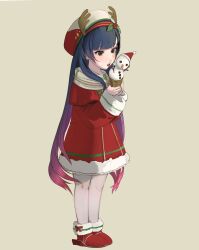 Rule 34 | 1girl, absurdres, blue hair, blush, boots, christmas, dress, fake antlers, food, full body, fur trim, gradient hair, green eyes, grey background, hat, highres, holding, holly, ice cream, ice cream cone, kantai collection, long hair, long sleeves, matsuwa (kancolle), multicolored hair, official alternate costume, open mouth, pantyhose, pink hair, purple hair, red dress, red footwear, shoes, simple background, solo, standing, u teitoku, very long hair, white pantyhose