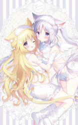 Rule 34 | 2girls, :o, ;d, animal ear fluff, animal ears, ass, bare shoulders, blonde hair, blue eyes, blush, bow, breasts, cat ears, cat girl, cat tail, cleavage, commentary, fake wings, fang, frilled shorts, frills, grey hair, hair between eyes, hair bow, highres, korone (shiratama), long hair, loose socks, multiple girls, navel, no shoes, one eye closed, open mouth, original, parted lips, shiratama (shiratamaco), short shorts, shorts, small breasts, smile, socks, soles, striped, striped background, symbol-only commentary, tail, tsurara (shiratama), twintails, vertical stripes, very long hair, white bow, white shorts, white socks, white wings, wings