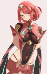 1girl armor blush breasts covered_navel gem hair_ornament headpiece jewelry large_breasts looking_at_viewer nintendo pyra_(xenoblade) red_eyes red_hair red_shorts short_shorts shorts shouder_amor skeptycally smile solo standing swept_bangs tiara xenoblade_chronicles_(series) xenoblade_chronicles_2