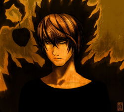 Rule 34 | 00s, 1boy, apple, brown hair, death note, food, frown, fruit, male focus, male hand, monochrome, neonirvana, ryuk, shinigami, silhouette, solo, yagami light