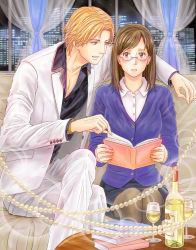 Rule 34 | 1boy, 1girl, bad id, bad pixiv id, blonde hair, blue shirt, blush, book, book stack, brown eyes, brown hair, champagne bottle, couch, curtains, formal, glass, glasses, hetero, holding, holding book, indoors, looking at another, medium hair, original, pants, pantyhose, parted lips, pencil skirt, shirt, sitting, skirt, skyline, suit, table, watch, white pants, window, yamagirik