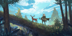 Rule 34 | 1girl, animal, antlers, arknights, black pants, blue sky, bow (weapon), coat, crossbow, day, deer, deer antlers, deer girl, facing away, firewatch (arknights), forest, franlol, from behind, green coat, grey hair, highres, holding, holding crossbow, holding weapon, horns, long hair, nature, originium (arknights), outdoors, pants, quiver, scenery, shirt, sky, solo, standing, tree, weapon, white shirt, wide shot