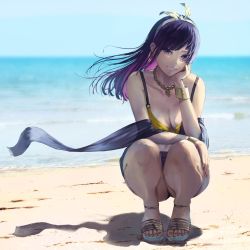 Rule 34 | 1girl, bare shoulders, beach, bikini, blue sky, bow, bracelet, breasts, cleavage, diagonal bangs, earrings, gold necklace, hair bow, hand on own cheek, hand on own face, idolmaster, idolmaster shiny colors, jewelry, long hair, looking at viewer, medium breasts, minyom, nail polish, necklace, outdoors, purple eyes, purple hair, sand, sash, shore, sky, slippers, squatting, swimsuit, tanaka mamimi, thighs, water, yellow bikini