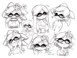 Rule 34 | 1girl, ;), alternate hairstyle, bad id, bad pixiv id, breasts, callie (splatoon), cheek squash, cleavage, detached collar, doughnut, earrings, english text, fangs, finger in own mouth, food, hair down, hands on another&#039;s cheeks, hands on another&#039;s face, heart, inkling, jewelry, long hair, looking back, marie (splatoon), medium breasts, middle finger, mole, mole under eye, monochrome, nintendo, object on head, one eye closed, pointy ears, profanity, short hair, simple background, smile, splatoon (series), splatoon 1, symbol-shaped pupils, tongue, tongue out, unworn headwear, upper body, white background, yuta agc