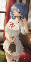 Rule 34 | 1girl, absurdres, blue hair, blush, collarbone, comb, cowboy shot, curtains, dress, frilled dress, frilled sleeves, frills, goback, hair between eyes, highres, holding, holding comb, open mouth, red eyes, remilia scarlet, short hair, short sleeves, solo, touhou, white dress, window
