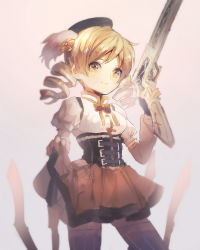 Rule 34 | 10s, 1girl, aoki (fumomo), bad id, bad pixiv id, beret, blonde hair, corset, drill hair, gun, hair ornament, hat, magical girl, magical musket, mahou shoujo madoka magica, mahou shoujo madoka magica (anime), rifle, skirt, smile, solo, thighhighs, tomoe mami, twin drills, twintails, weapon, yellow eyes