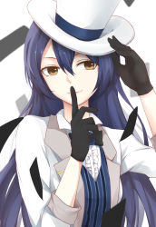 Rule 34 | 1girl, absurdres, black gloves, blue hair, brown eyes, center frills, collared shirt, finger to mouth, frills, gemi 25, gloves, hair between eyes, hat, hat tip, highres, index finger raised, long hair, love live!, love live! school idol festival, love live! school idol project, shirt, simple background, solo, sonoda umi, top hat, upper body, very long hair, white background, white hat