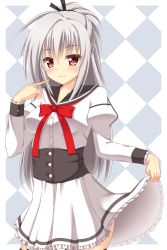 Rule 34 | 1girl, blush, bow, breasts, closed mouth, clothes lift, collarbone, dracu-riot!, dress, dress lift, elena olegovna owen, grey hair, highres, houkiboshi, long hair, long sleeves, looking at viewer, medium breasts, red bow, red eyes, smile, solo, white dress, yuzu-soft