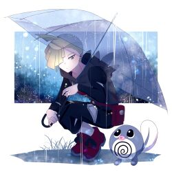 Rule 34 | 1boy, ahoge, black pants, black shirt, blonde hair, closed mouth, commentary request, creatures (company), ear piercing, fanny pack, game freak, gen 1 pokemon, gladion (pokemon), green eyes, grey vest, hair over one eye, highres, holding, holding umbrella, hood, hooded vest, hoodie, looking down, male focus, mocacoffee 1001, nintendo, pants, piercing, pokemon, pokemon (creature), pokemon sm, poliwag, rain, red bag, red footwear, shirt, shoes, short hair, squatting, tassel, torn clothes, torn pants, torn shirt, transparent, transparent umbrella, umbrella, vest