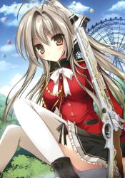 Rule 34 | 10s, 1girl, absurdres, amagi brilliant park, antenna hair, balloon, blue sky, blush, boots, bow, breasts, brown eyes, brown hair, cross-laced footwear, day, ferris wheel, frilled skirt, frills, gun, hair bow, highres, karory, lace-up boots, long hair, long sleeves, looking at viewer, medium breasts, musket, neckerchief, official art, ponytail, rifle, sento isuzu, silver hair, sitting, skirt, sky, solo, thighhighs, weapon, white thighhighs