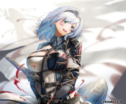 Rule 34 | 1girl, armor, armored dress, belt, between breasts, blood, blood on face, blood splatter, blue hair, blue shirt, blurry, blurry background, braid, breasts, chest belt, chest strap, cleavage cutout, clothing cutout, collared shirt, colored inner hair, commentary request, dated, fingerless gloves, gauntlets, gloves, green eyes, hairband, head tilt, highres, hololive, kinoko (shikimylove), large breasts, long sleeves, looking to the side, medium hair, multicolored hair, multicolored shirt, open mouth, shiny clothes, shirogane noel, shirogane noel (1st costume), shirt, shoulder armor, sidelocks, silver hair, solo, strap between breasts, swept bangs, teeth, twitter username, upper teeth only, virtual youtuber, white shirt