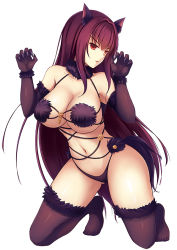 Rule 34 | 1girl, alternate color, animal ears, breasts, castle, cleavage, cosplay, elbow gloves, euforia, fate/grand order, fate (series), full body, gloves, gluteal fold, halloween costume, kneeling, large breasts, legs, long hair, looking at viewer, mash kyrielight, mash kyrielight (dangerous beast), mash kyrielight (dangerous beast) (cosplay), navel, night, official alternate costume, purple gloves, purple hair, purple thighhighs, red eyes, scathach (fate), shielder (fate/grand order) (cosplay), simple background, solo, thighhighs, thighs, underboob, very long hair, white background, wolf ears