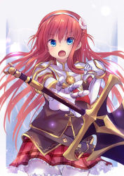 Rule 34 | 1girl, alisia heart, armor, belt, blue eyes, blush, dungeon travelers 2, front-tie top, gauntlets, hairband, highres, long hair, open mouth, pantyhose, pauldrons, red hair, shoulder armor, skirt, solo, sword, waruwarutsu, weapon, white pantyhose