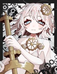 Rule 34 | 1444tmt, 1girl, blue eyes, blush, bridal veil, dress, e.g.o (project moon), faust (project moon), gears, highres, holding, holding weapon, limbus company, looking at viewer, multicolored background, project moon, short hair, solo, sparkle, thick eyelashes, veil, weapon, wedding dress, white hair