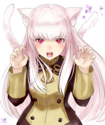 Rule 34 | 1girl, :o, animal ears, blush, buttons, cat ears, cat girl, cat tail, claw pose, double-breasted, fangs, fire emblem, fire emblem: three houses, flower, garreg mach monastery uniform, hands up, haru (nakajou-28), kemonomimi mode, long hair, long sleeves, looking at viewer, lysithea von ordelia, nintendo, open mouth, pink eyes, pink hair, purple flower, school uniform, sidelocks, simple background, solo, tail, teeth, upper body, v-shaped eyebrows, white background