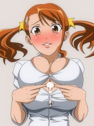 Rule 34 | 10s, 1girl, after paizuri, anjou naruko, ano hi mita hana no namae wo bokutachi wa mada shiranai., blush, breasts, brown eyes, buttons, cleavage, cum, cum on body, cum on breasts, cum on upper body, earrings, ejaculation, female focus, grey background, hair ornament, igatto, jewelry, large breasts, looking at viewer, orange hair, parted lips, shirt, simple background, smile, solo, straining buttons, stud earrings, twintails, upper body, white shirt
