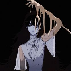 Rule 34 | 1other, androgynous, arm up, bad id, bad twitter id, black background, black eyes, black hair, blunt bangs, crazy eyes, gold, golden arms, heterochromia, horror (theme), houseki no kuni, kaku (yabe920311), looking at viewer, melting, necktie, phosphophyllite, phosphophyllite (ll), see-through, short hair, solo, spoilers, wall-eyed, white eyes