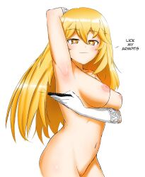 Rule 34 | 1girl, arm up, armpits, arms behind head, blonde hair, blush, breasts, closed mouth, collarbone, elbow gloves, feet out of frame, female focus, frostyneko, gloves, groin, highres, holding, inverted nipples, large breasts, long hair, looking at viewer, navel, nude, presenting armpit, shokuhou misaki, sideboob, simple background, smile, solo, standing, star-shaped pupils, star (symbol), symbol-shaped pupils, toaru kagaku no mental out, toaru kagaku no railgun, toaru majutsu no index, uncensored, very long hair, white background, white gloves, yellow eyes