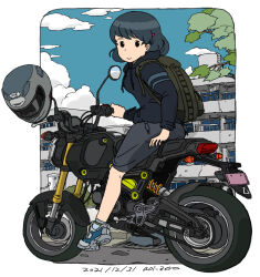 Rule 34 | 1girl, aoi zero, artist name, backpack, bag, blue hair, blue jacket, border, building, city, cityscape, cloud, cloudy sky, dated, day, full body, grey shorts, hair ornament, hairclip, helmet, highres, honda, honda cb750k, hood, hooded jacket, jacket, looking at viewer, motor vehicle, motorcycle, motorcycle helmet, on motorcycle, original, outdoors, outside border, road, shoes, short hair, shorts, sky, sneakers, solo, street, tree, white border