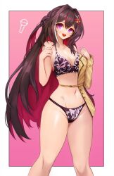 Rule 34 | 1girl, :d, azki (hololive), blush, border, bra, breasts, brown hair, cleavage, coat, groin, hair intakes, hair ornament, hairclip, highres, hololive, large breasts, long hair, looking at viewer, microphone symbol, multicolored hair, navel, notte, open mouth, outside border, panties, patterned clothing, pink background, purple eyes, red hair, smile, solo, stomach, streaked hair, thighs, underwear, virtual youtuber, white border