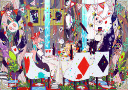 Rule 34 | 1girl, ace (playing card), ace of hearts, animal head, aqua hair, black hat, book, candle, card, chair, club (shape), diamond (shape), floating, floating object, food, hat, hat ribbon, heart, highres, knife, leaf, liquid, long hair, magatan, multicolored hair, original, pink hair, plant, playing card, potted plant, profile, rabbit, red footwear, red ribbon, ribbon, short sleeves, spade (shape), spoon, star (symbol), tablecloth, teapot, two-tone hair
