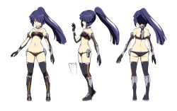 Rule 34 | 1girl, absurdres, ass, bikini, black gloves, black thighhighs, breasts, butt crack, collage, commentary request, dual wielding, full body, gloves, hair over one eye, high ponytail, highres, holding, kumichou (ef65-1118-ef81-95), long hair, looking at viewer, lowleg, mecha musume, medium breasts, multiple views, navel, original, pink eyes, purple hair, shadow, swimsuit, thighhighs, very long hair, white background