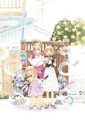 Rule 34 | 3girls, animal, bell, blue eyes, blue flower, blue footwear, blush stickers, bob cut, brown hair, bush, cat, child, closed mouth, dot nose, dress, facing viewer, fence, flower, full body, grass, happy, highres, holding, holding animal, holding cat, house, industrial pipe, kawamoto akari, kawamoto hinata, kawamoto momo, leaf, lineup, long dress, mailbox (incoming mail), mary janes, morning glory, multiple girls, open mouth, outdoors, plaid, plaid dress, plant, polka dot, polka dot dress, potted plant, purple dress, purple flower, railing, rooftop, sandals, sangatsu no lion, shoes, short dress, siblings, side ponytail, sisters, smile, standing, umino chika, wooden fence