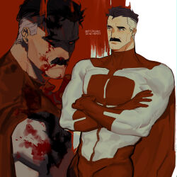 Rule 34 | 1boy, absurdres, black hair, blood, blood on clothes, blood on face, bodysuit, cape, crossed arms, crystallakec, facial hair, gloves, highres, invincible (series), male focus, multicolored hair, muscular, muscular male, mustache, nolan grayson, omni-man, red bodysuit, red cape, red eyes, red gloves, short hair, twitter username, two-tone bodysuit, two-tone hair, white bodysuit, white hair
