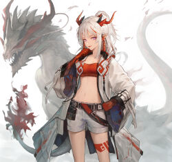 Rule 34 | 1girl, arknights, bandeau, bead bracelet, beads, belt, bracelet, breasts, coat, colored skin, dragon, dragon girl, dragon horns, dragon tail, geebee 79, gloves, hand on own hip, horns, jewelry, looking at viewer, multicolored hair, nian (arknights), open clothes, open coat, pointy ears, purple eyes, red bandeau, red hair, red skin, shorts, simple background, small breasts, streaked hair, tail, tongue, tongue out, white background, white coat, white hair, white shorts
