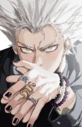 Rule 34 | 1boy, absurdres, black nails, black shirt, bracelet, brown eyes, ctstudio (executional), garou (one-punch man), highres, jewelry, looking at viewer, male focus, multiple rings, nail polish, one-punch man, own hands together, ring, shirt, short hair, solo, spiked hair, upper body, white hair