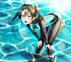 Rule 34 | 1girl, bent over, black bodysuit, bodysuit, breasts, commentary request, diving suit, feet out of frame, green eyes, grey hair, hands on own knees, kantai collection, leaning forward, long hair, looking at viewer, open mouth, parazan d, rash guard, small breasts, smile, solo, standing, twintails, water, wet, wetsuit, zuikaku (kancolle)