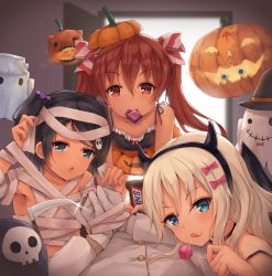 Rule 34 | 3girls, admiral (kancolle), alternate costume, aqua eyes, bandaged arm, bandages, black hair, black hairband, blonde hair, blue eyes, blush, bow, breasts, brown eyes, brown hair, candy, chupa chups, closed mouth, collarbone, dress, fake horns, food, ghost, gloves, grecale (kancolle), green eyes, hair between eyes, hair bow, hair ornament, hair ribbon, hairband, halloween, halloween costume, happy halloween, hat, highres, holding, holding candy, holding food, holding lollipop, horns, jack-o&#039;-lantern, k jie, kantai collection, libeccio (kancolle), lollipop, long hair, looking at viewer, lying, military, military uniform, mouth hold, multiple girls, mummy, mummy costume, naked bandage, naval uniform, official alternate costume, on stomach, open mouth, orange shorts, pink bow, pumpkin, pumpkin hat, red eyes, ribbon, sarashi, scirocco (kancolle), scythe, short hair, shorts, skull hair ornament, smile, swirl lollipop, tan, tanline, tongue, tongue out, trick or treat, twintails, two side up, uniform, witch hat, wrapped candy