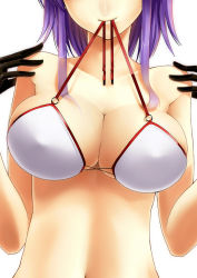Rule 34 | 1girl, bikini, bikini top only, breasts, cleavage, gloves, halterneck, head out of frame, kamata yuuya, large breasts, light smile, long hair, mouth hold, o-ring, o-ring top, original, purple hair, simple background, solo, swimsuit, white bikini