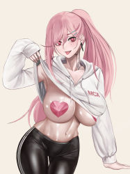 Rule 34 | 1girl, absurdres, black pants, breasts, clothes lift, covered erect nipples, earrings, feet out of frame, gcg, girls&#039; frontline, highres, hood, hoodie, hoodie lift, jewelry, large breasts, lips, long hair, looking at viewer, mole, mole under eye, navel, neck tattoo, no bra, pants, pasties, pink hair, ponytail, red eyes, sig mcx (girls&#039; frontline), simple background, solo, standing, stomach, tattoo, tongue, tongue out, white hoodie