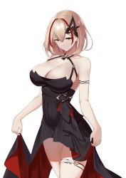 Rule 34 | 1girl, arm strap, azur lane, bare shoulders, black dress, black eyes, blonde hair, breasts, cleavage, closed mouth, collarbone, cowboy shot, cross, crossed bangs, dress, hair ornament, highres, iron cross, large breasts, maanu, multicolored hair, official alternate costume, red hair, roon (azur lane), roon (dark red grin) (azur lane), simple background, skirt hold, sleeveless, solo, standing, streaked hair, thigh strap, white background