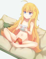 Rule 34 | 1girl, ahoge, anger vein, bad id, bad pixiv id, bag of chips, barefoot, blonde hair, blue eyes, chinese commentary, closed mouth, collarbone, commentary request, convenient censoring, couch, daxieshen huashi, dutch angle, gabriel dropout, gabriel tenma white, grey background, groin, hair between eyes, holding, long hair, navel, nude, on couch, pillow, simple background, sitting, solo, very long hair, wavy mouth