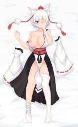Rule 34 | 1girl, animal ear fluff, animal ears, bare shoulders, blush, breasts, closed mouth, commentary request, detached sleeves, full body, hand over eye, hat, highres, inubashiri momiji, kourindou tengu costume, large breasts, looking at viewer, lying, mamo murata, no shoes, on back, on bed, one breast out, one eye covered, red eyes, short hair, unworn sleeves, smile, solo, thighhighs, tokin hat, touhou, white hair, white thighhighs, wolf ears