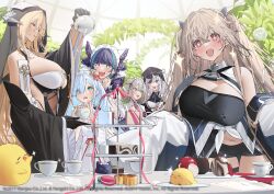 Rule 34 | &gt; &lt;, + +, 6+girls, absurdres, anchorage (azur lane), animal ears, aqua eyes, azur lane, bare shoulders, black dress, black gloves, black hair, black shorts, blonde hair, blue eyes, blue hair, breast cutout, breasts, cake, cake slice, cheshire (azur lane), cleavage, cleavage cutout, clothing cutout, commentary request, crown, cup, decantering, dress, elbe (azur lane), fake animal ears, food, framed breasts, frilled hairband, frills, from side, gloves, grey hair, hair between eyes, hair bun, hair over one eye, hairband, half gloves, highres, holding, holding saucer, holding teapot, horns, huge breasts, implacable (azur lane), indoors, janus (azur lane), kaoruko (unkrk55), large breasts, leaning forward, light blue hair, light brown hair, long hair, long sleeves, macaron, maid headdress, manchester (azur lane), manjuu (azur lane), mini crown, multicolored hair, multiple girls, navel, nun, official art, open mouth, pink ribbon, purple hair, red eyes, revealing clothes, ribbon, saucer, scared, shorts, sleeves past fingers, sleeves past wrists, standing, streaked hair, tea, tea party, teacup, teapot, tiered tray, twintails, two-tone dress, two-tone hair, veil, very long hair, very long sleeves, white dress, white horns, wide sleeves