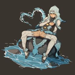 Rule 34 | 1girl, absurdres, arm behind back, arm support, armor, black gloves, blue skirt, blush, boots, breasts, brown background, commentary, english commentary, female focus, finger to mouth, full body, gloves, grey hair, grin, hand up, heart, highres, hood, hood up, humanization, index finger raised, leaning back, looking at viewer, mask, pussy, rock, shuuko (s h uuko), simple background, sitting, skirt, small breasts, smile, solo, spread legs, thigh boots, thighhighs, warframe, water, yareli (warframe), yellow eyes
