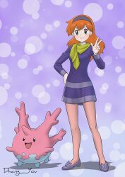 Rule 34 | 1girl, absurdres, blush, commission, corsola, cosplay, creatures (company), daphne ann blake, daphne ann blake (cosplay), dhang you, dress, full body, game freak, gen 1 pokemon, gen 2 pokemon, green eyes, green hairband, green scarf, hairband, highres, long hair, looking at viewer, misty (pokemon), nintendo, orange hair, pantyhose, pokemon, pokemon (anime), pokemon (classic anime), purple dress, scarf, scooby-doo (series), simple background, solo, standing, v