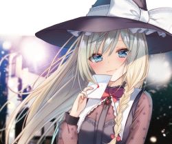 Rule 34 | 1girl, alternate eye color, black hat, black vest, blonde hair, blue eyes, blurry, blurry background, blush, bow, braid, brooch, commentary request, eyes visible through hair, hair between eyes, hair bow, hand up, hat, head tilt, heart, holding, holding letter, jewelry, kirisame marisa, lace-trimmed collar, lace trim, lens flare, letter, long hair, long sleeves, looking at viewer, natsuki (ukiwakudasai), neck ribbon, puffy sleeves, red bow, red ribbon, ribbon, single braid, smile, solo, touhou, vest, witch hat