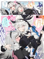 Rule 34 | 2girls, :d, ^ ^, arknights, arrow (symbol), between breasts, black dress, black headwear, black sleeves, blue nails, blush, breasts, capelet, closed eyes, comic, commentary request, detached sleeves, dress, grey hair, hand on another&#039;s shoulder, hat, head between breasts, highres, irene (arknights), long sleeves, medium breasts, multiple girls, nail polish, nochatea, open mouth, puffy long sleeves, puffy sleeves, red eyes, smile, specter (arknights), specter the unchained (arknights), tentacles, translation request, wavy mouth, white capelet