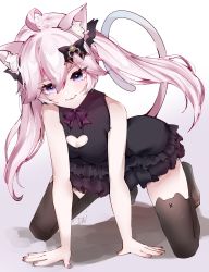 Rule 34 | 1girl, absurdres, ahoge, all fours, animal ear fluff, animal ears, black bow, black dress, black footwear, black thighhighs, bow, bowtie, breasts, cat ears, cat tail, cleavage, cleavage cutout, clothing cutout, daishuquee, dress, eyes visible through hair, frilled dress, frills, hair bow, highres, nyatasha nyanners, nyatasha nyanners (6th costume), pink hair, purple bow, purple bowtie, purple eyes, tail, thighhighs, twintails, virtual youtuber, vshojo