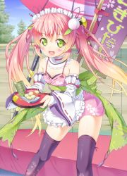 Rule 34 | 1girl, :d, apron, banner, bare shoulders, black thighhighs, blush, cup, detached sleeves, gradient hair, green eyes, hair ornament, holding, japanese clothes, kazuma (kazumav), long hair, maid, maid apron, maid headdress, multicolored hair, nobori, open mouth, original, pink hair, ribbon-trimmed clothes, ribbon-trimmed legwear, ribbon-trimmed sleeves, ribbon trim, smile, solo, thighhighs, tray, twintails, wa maid, waist apron, waitress, zettai ryouiki