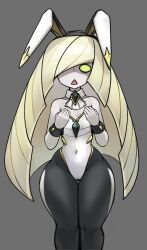 Rule 34 | 1girl, animal ears, bare shoulders, black pantyhose, blonde hair, breasts, cleavage, colored sclera, cowboy shot, creatures (company), detached sleeves, facing viewer, female focus, game freak, gipehtyboo, green sclera, grey background, hair over one eye, highres, jewelry, leotard, long hair, lusamine (pokemon), nintendo, open mouth, pale skin, pantyhose, pokemon, pokemon sm, rabbit ears, small breasts, solo, standing, strapless, thick thighs, thighs, triangle mouth, w arms, white leotard, wide hips