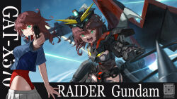 Rule 34 | 1girl, aiming, aiming at viewer, armor, blue shirt, breasts, brown hair, character name, closed mouth, commentary, commentary request, cropped shirt, english commentary, floating hair, green eyes, grey skirt, gun, gundam, gundam seed, hair between eyes, handgun, headgear, highleg, highleg leotard, holding, holding gun, holding weapon, humanization, leotard, leotard under clothes, long hair, looking at viewer, mecha musume, medium breasts, mixed-language commentary, multiple views, open mouth, outstretched arm, paid reward available, pleated skirt, qr code, raider gundam, red leotard, shirt, short sleeves, skirt, smile, tom-neko (zamudo akiyuki), twitter username, v-fin, weapon