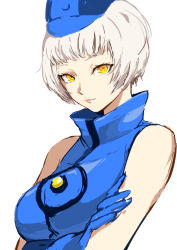 Rule 34 | 1girl, absurdres, blue dress, blue gloves, blue headwear, closed mouth, crossed arms, dress, elizabeth (persona), gloves, highres, igusaharu, looking at viewer, persona, persona 3, short hair, silver hair, simple background, sketch, sleeveless, sleeveless dress, solo, upper body, white background, yellow eyes