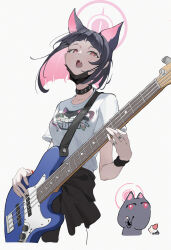 Rule 34 | 1girl, absurdres, black choker, black hair, black jacket, black mask, blue archive, breasts, choker, clothes around waist, colored inner hair, cyan yu, electric guitar, fang, guitar, halo, highres, instrument, jacket, jacket around waist, kazusa (band) (blue archive), kazusa (blue archive), looking at viewer, mask, mask pull, medium breasts, mouth mask, multicolored hair, official alternate costume, open mouth, pink hair, pink halo, red eyes, shirt, short hair, short sleeves, simple background, skin fang, solo, white background, white shirt
